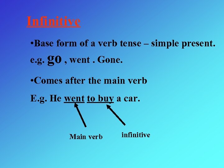 Infinitive • Base form of a verb tense – simple present. e. g. go