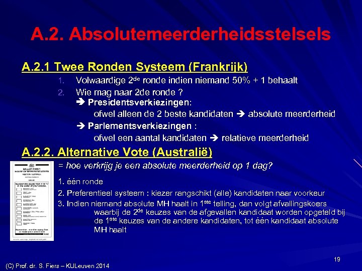 A. 2. Absolutemeerderheidsstelsels A. 2. 1 Twee Ronden Systeem (Frankrijk) 1. 2. Volwaardige 2