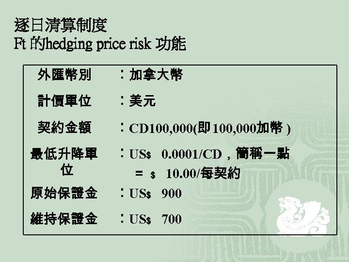 逐日清算制度 Ft 的hedging price risk 功能 外匯幣別 ︰加拿大幣 計價單位 ︰美元 契約金額 ︰CD 100, 000(即