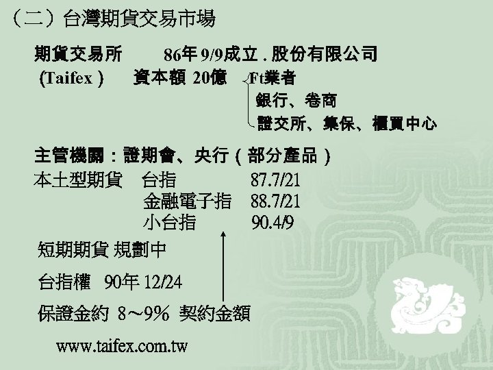 （二）台灣期貨交易市場 期貨交易所 86年 9/9成立. 股份有限公司 （ Taifex） 資本額 20億 Ft業者 銀行、卷商 證交所、集保、櫃買中心 主管機關：證期會、央行（部分產品） 本土型期貨