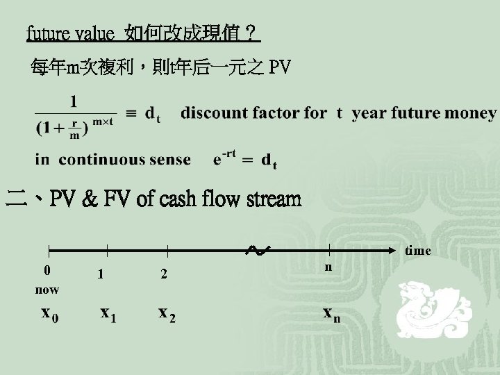 future value 如何改成現值？ 每年m次複利，則t年后一元之 PV 二、PV & FV of cash flow stream time 0