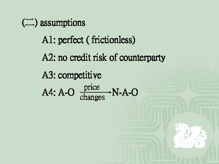 (二) assumptions A 1: perfect ( frictionless) A 2: no credit risk of counterparty