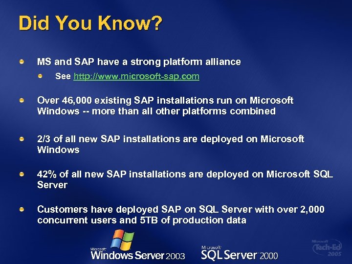 Did You Know? MS and SAP have a strong platform alliance See http: //www.