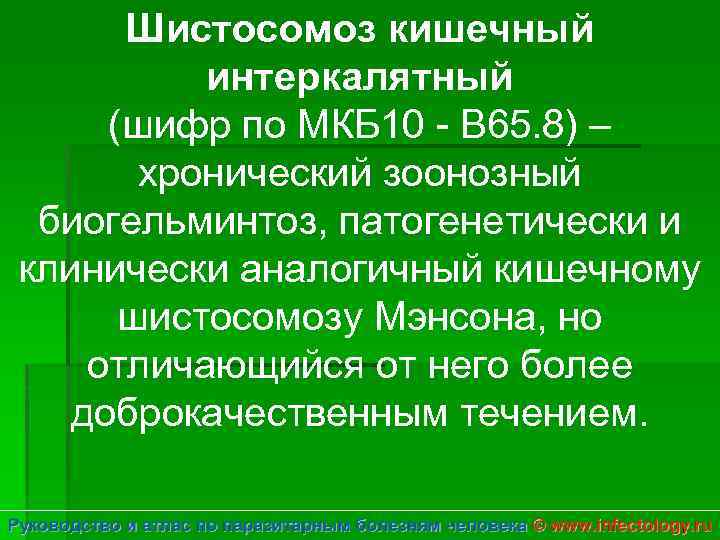 Шистосомоз кишечный интеркалятный (шифр по МКБ 10 - B 65. 8) – хронический зоонозный