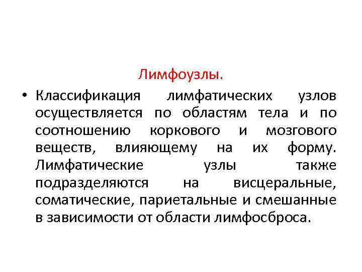 Лимфоузлы. • Классификация лимфатических узлов осуществляется по областям тела и по соотношению коркового и