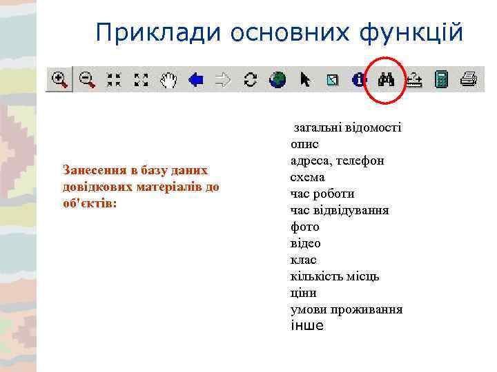 Приклади основних функцій Занесення в базу даних довідкових матеріалів до об'єктів: загальні відомості опис