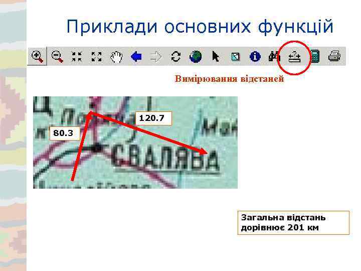 Приклади основних функцій Вимірювання відстаней 120. 7 80. 3 Загальна відстань дорівнює 201 км