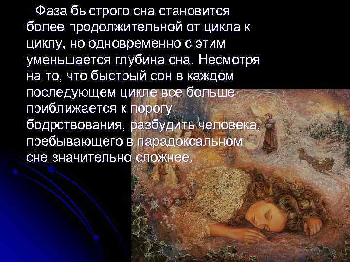  Фаза быстрого сна становится более продолжительной от цикла к циклу, но одновременно с