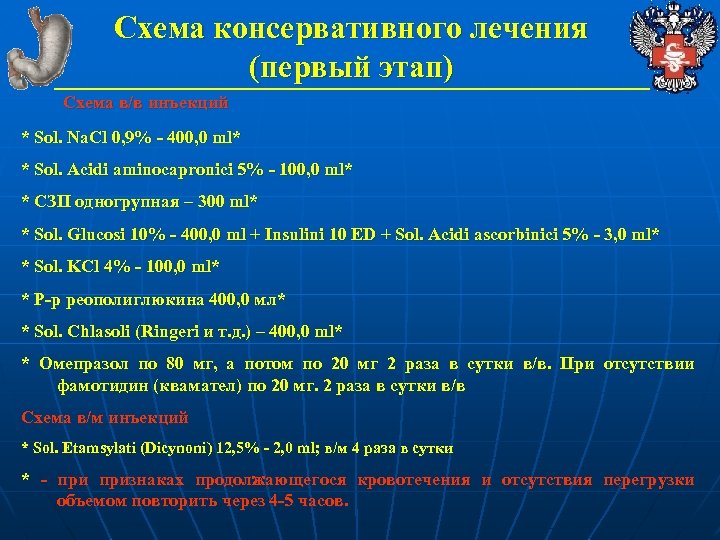 Схема консервативного лечения (первый этап) Схема в/в инъекций * Sol. Na. Cl 0, 9%