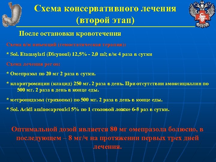 Схема консервативного лечения (второй этап) После остановки кровотечения Схема в/м инъекций (гемостатическая терапия): *