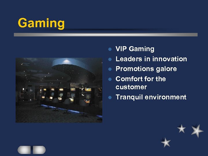 Gaming l l l VIP Gaming Leaders in innovation Promotions galore Comfort for the