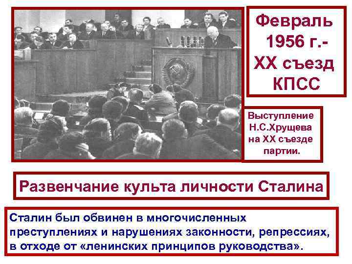 Февраль 1956 г. ХХ съезд КПСС Выступление Н. С. Хрущева на XX съезде партии.