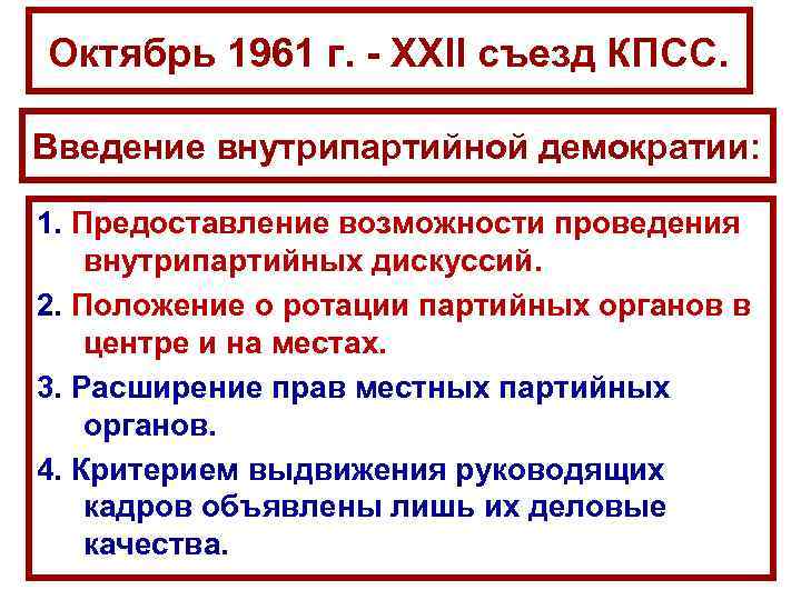 Октябрь 1961 г. - ХХII съезд КПСС. Введение внутрипартийной демократии: 1. Предоставление возможности проведения