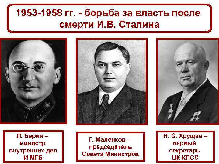 1953 -1958 гг. - борьба за власть после смерти И. В. Сталина Л. Берия