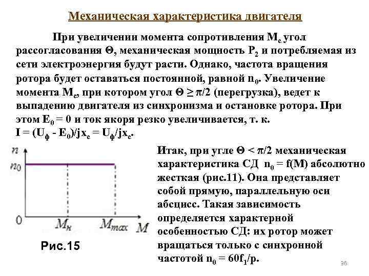 Механическая характеристика двигателя При увеличении момента сопротивления Мc угол рассогласования Θ, механическая мощность P