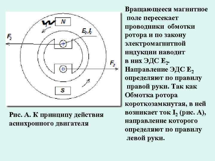 Рис. А. К принципу действия асинхронного двигателя Вращающееся магнитное поле пересекает проводники обмотки ротора