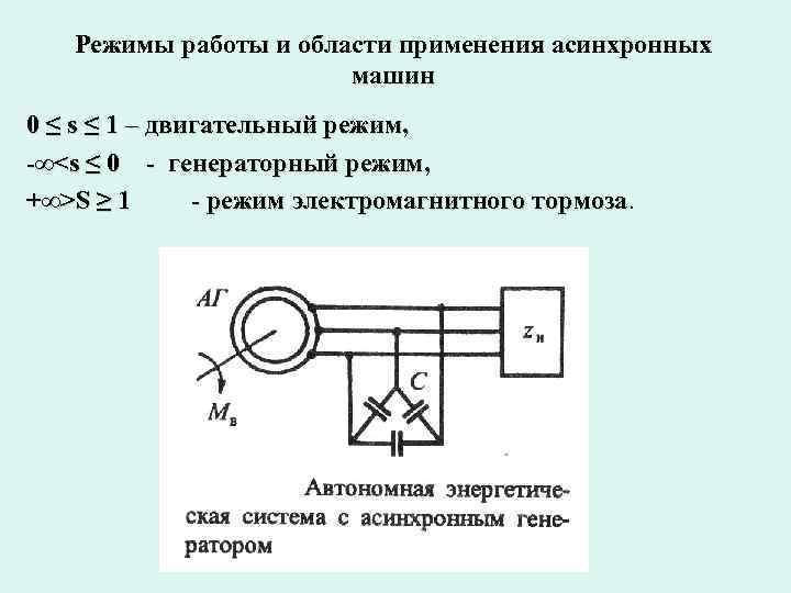 Режимы работы и области применения асинхронных машин 0 ≤ s ≤ 1 – двигательный