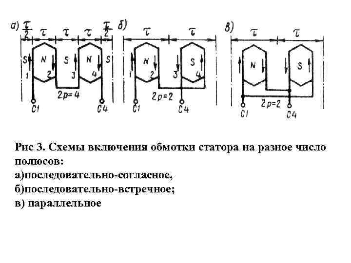 Рис 3. Схемы включения обмотки статора на разное число полюсов: а)последовательно-согласное, б)последовательно-встречное; в) параллельное