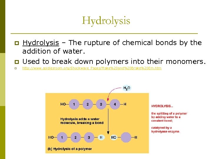 Hydrolysis p Hydrolysis – The rupture of chemical bonds by the addition of water.