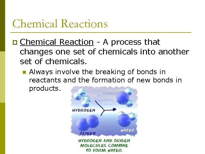 Chemical Reactions p Chemical Reaction - A process that changes one set of chemicals