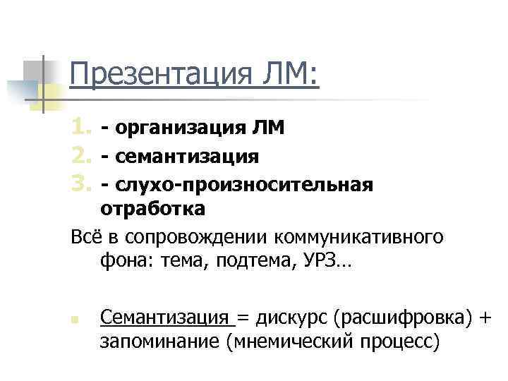 Презентация ЛМ: 1. - организация ЛМ 2. - семантизация 3. - слухо-произносительная отработка Всё