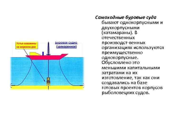 Самоходные буровые суда бывают однокорпусными и двухкорпусными (катамараны). В отечественных производст венных организациях используются