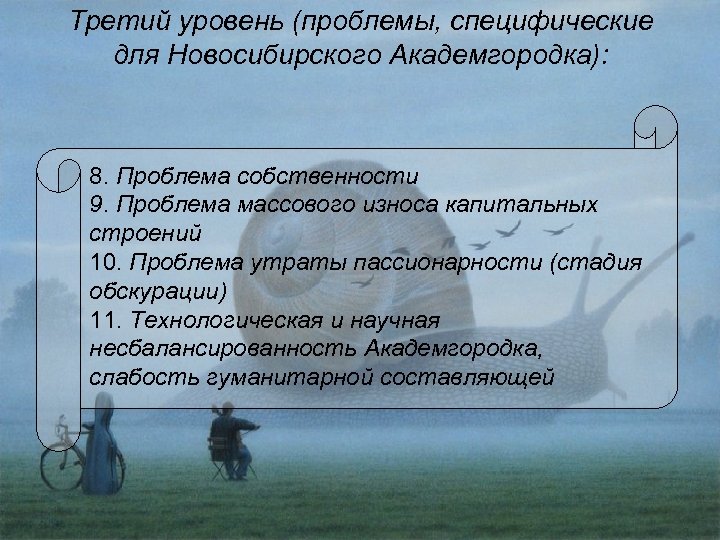 Третий уровень (проблемы, специфические для Новосибирского Академгородка): 8. Проблема собственности 9. Проблема массового износа
