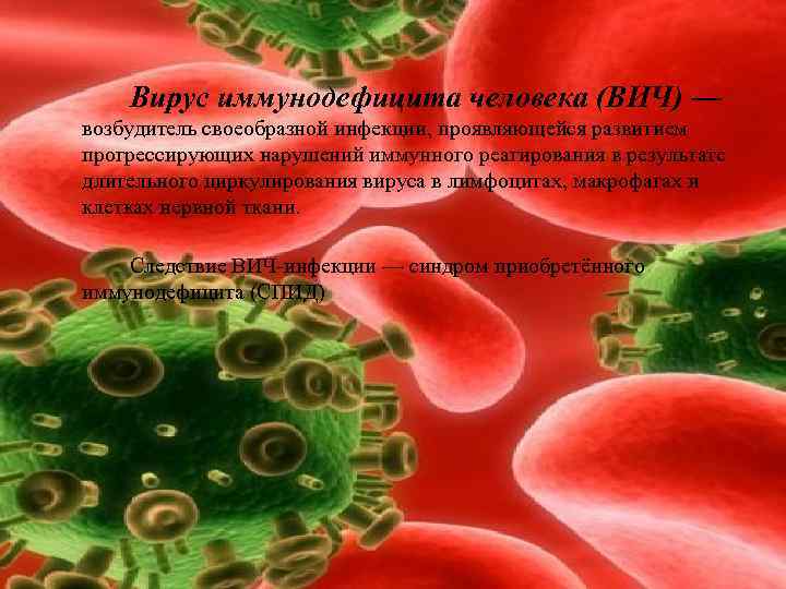 Вирус иммунодефицита человека (ВИЧ) — возбудитель своеобразной инфекции, проявляющейся развитием прогрессирующих нарушений иммунного реагирования