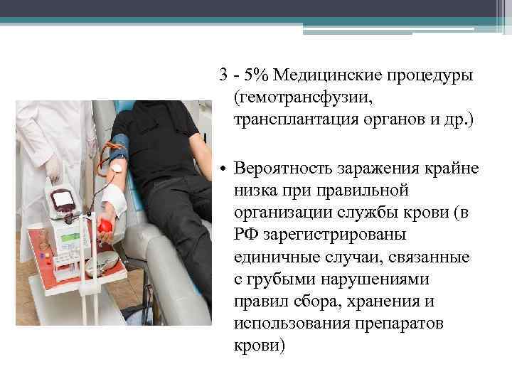 3 - 5% Медицинские процедуры (гемотрансфузии, трансплантация органов и др. ) • Вероятность заражения