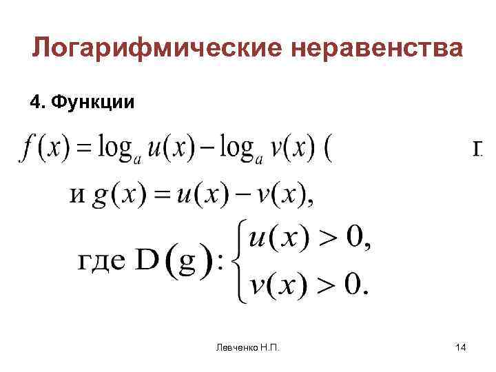 Логарифмические неравенства 4. Функции Левченко Н. П. 14 