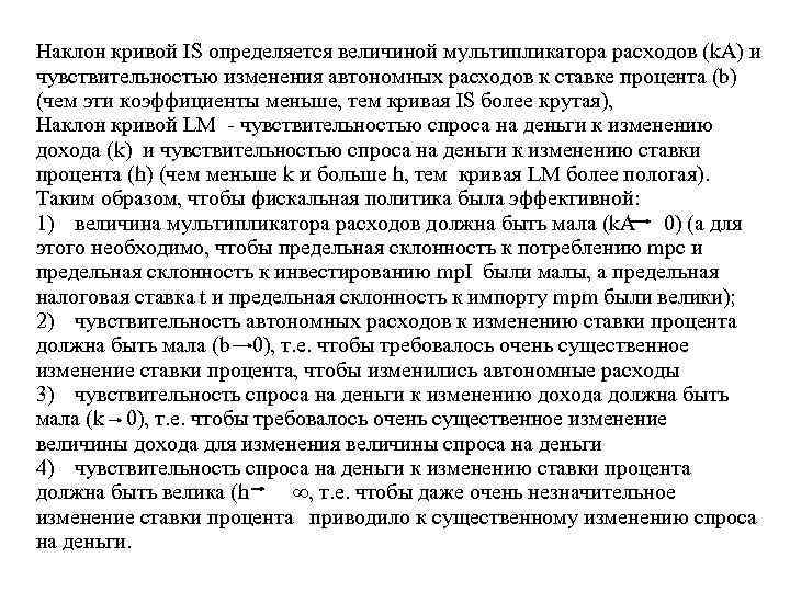 Наклон кривой IS определяется величиной мультипликатора расходов (k. A) и чувствительностью изменения автономных расходов