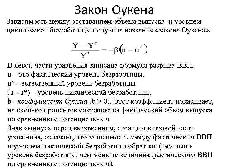 Закон Оукена Зависимость между отставанием объема выпуска и уровнем циклической безработицы получила название «закона