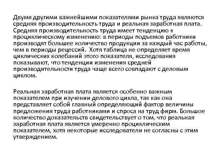 Двумя другими важнейшими показателями рынка труда являются средняя производительность труда и реальная заработная плата.