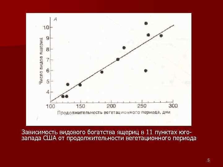 Зависимость видового богатства ящериц в 11 пунктах югозапада США от продолжительности вегетационного периода 5