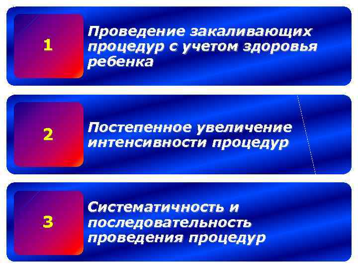 1 Проведение закаливающих процедур с учетом здоровья ребенка 2 Постепенное увеличение интенсивности процедур 3