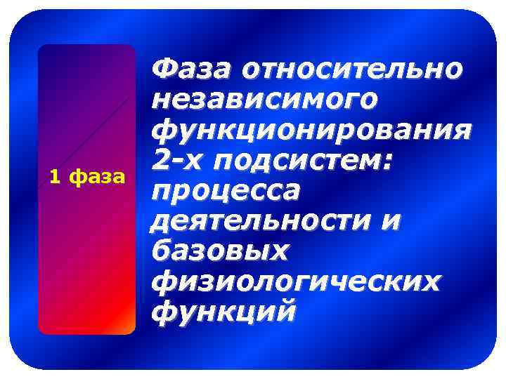 1 фаза Фаза относительно независимого функционирования 2 -х подсистем: процесса деятельности и базовых физиологических