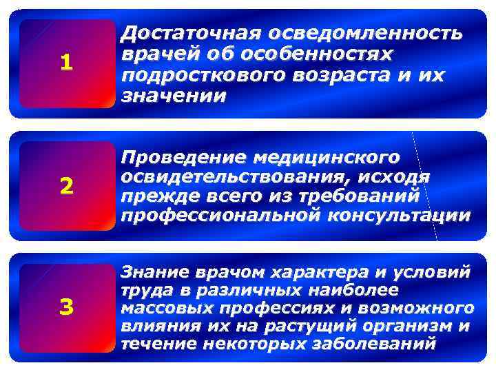 1 Достаточная осведомленность врачей об особенностях подросткового возраста и их значении 2 Проведение медицинского