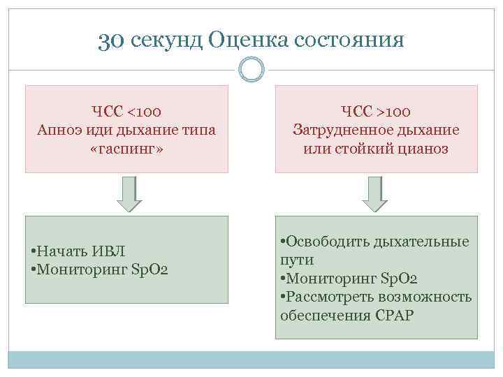 30 секунд Оценка состояния ЧСС <100 Апноэ иди дыхание типа «гаспинг» • Начать ИВЛ