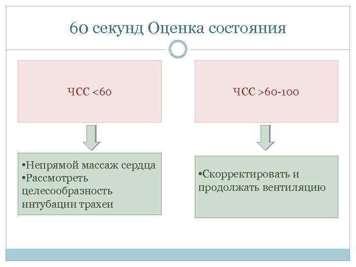 60 секунд Оценка состояния ЧСС <60 • Непрямой массаж сердца • Рассмотреть целесообразность интубации