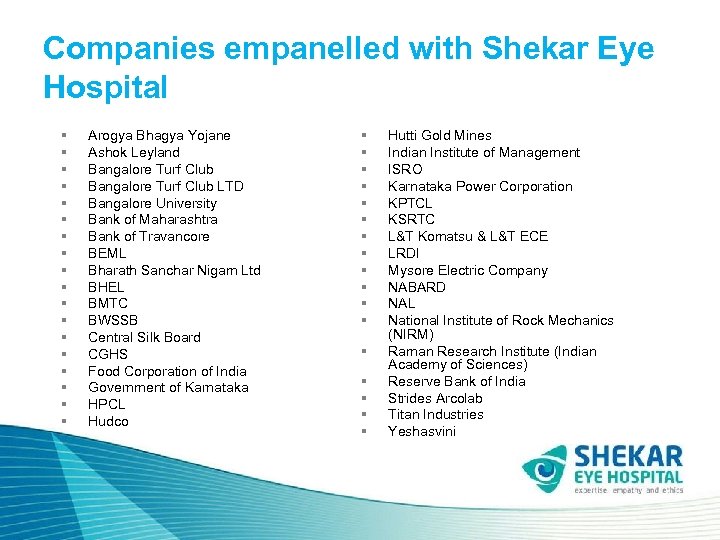 Companies empanelled with Shekar Eye Hospital § § § § § Arogya Bhagya Yojane