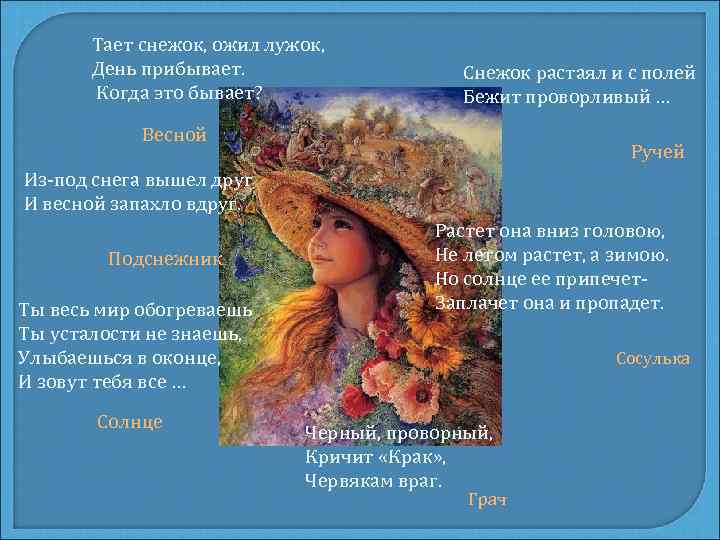 Тает снежок, ожил лужок, День прибывает. Когда это бывает? Снежок растаял и с полей