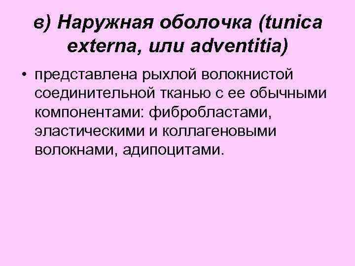 в) Наружная оболочка (tunica externa, или adventitia) • представлена рыхлой волокнистой соединительной тканью с