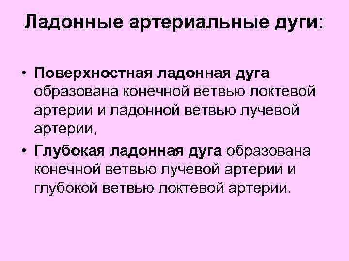 Ладонные артериальные дуги: • Поверхностная ладонная дуга образована конечной ветвью локтевой артерии и ладонной