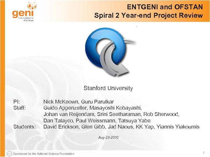 ENTGENI and OFSTAN Spiral 2 Year-end Project Review Stanford University PI: Staff: Students: Nick