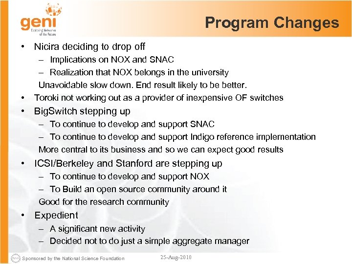 Program Changes • Nicira deciding to drop off • – Implications on NOX and