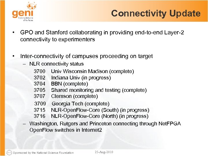 Connectivity Update • GPO and Stanford collaborating in providing end-to-end Layer-2 connectivity to experimenters