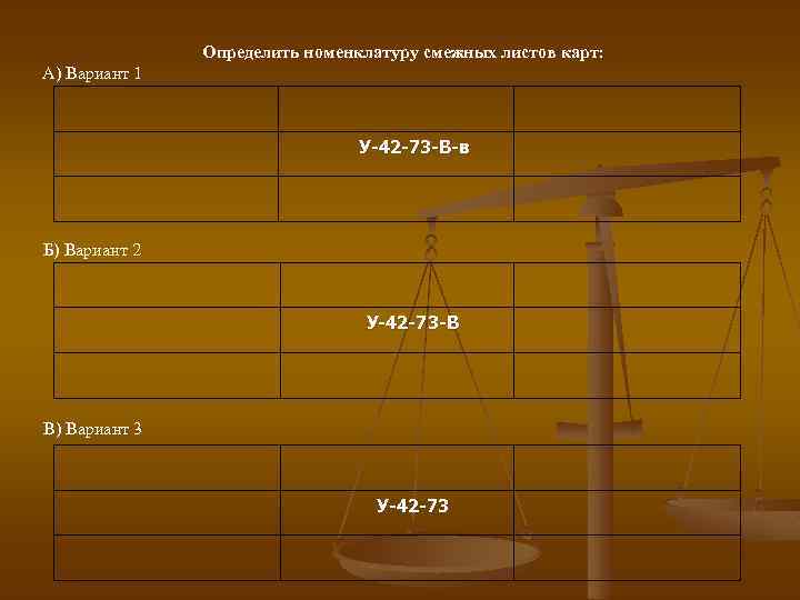 Определить номенклатуру смежных листов карт: А) Вариант 1 У-42 -73 -В-в Б) Вариант 2