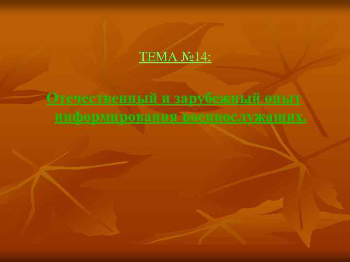 ТЕМА № 14: Отечественный и зарубежный опыт информирования военнослужащих. 