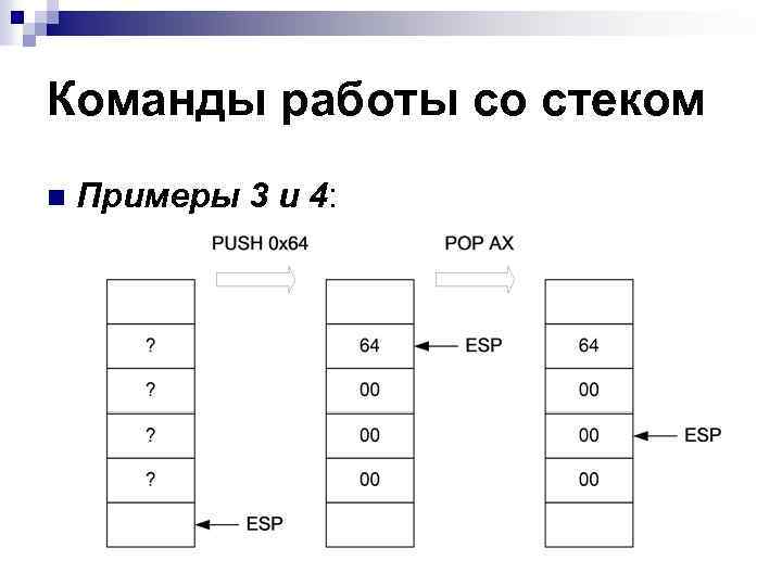 Команды работы со стеком n Примеры 3 и 4: 