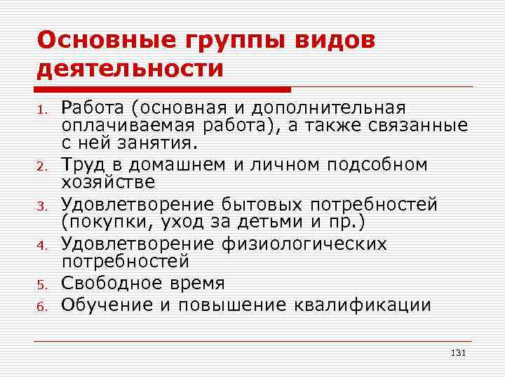 Основные группы видов деятельности 1. 2. 3. 4. 5. 6. Работа (основная и дополнительная